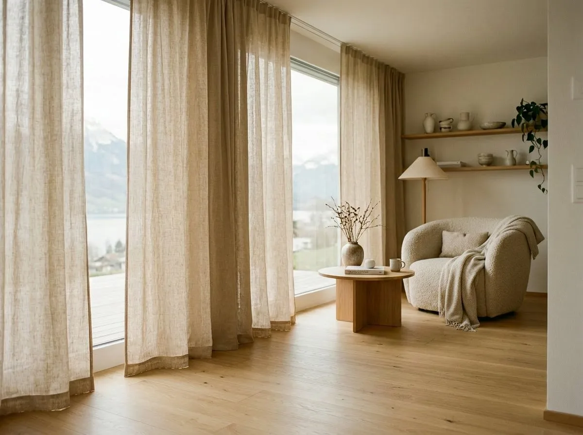 Woman sewing curtain fabric at a white sewing machine in a bright studio.