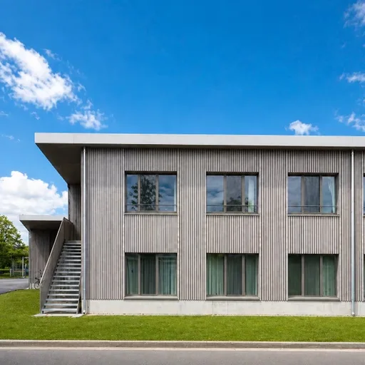 Low two-storey building clad in vertical timber boards with exterior staircase set against green lawn and blue sky.