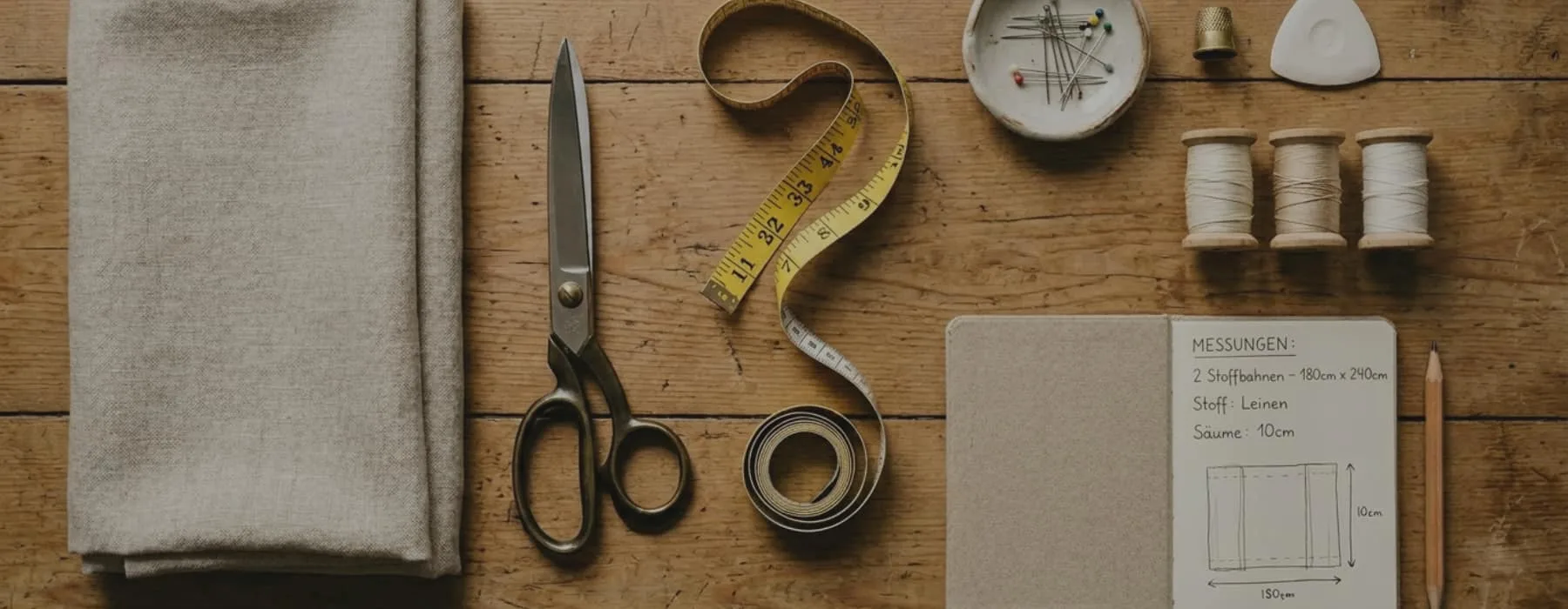 Sewing tools, scissors, tape measure, thread and fabric measurements laid on a wooden table.