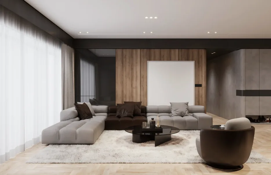 Ein moderner, heller Wohnraum in einem Schweizer Apartment mit Holzböden, großen Fenstern, nachhaltigen Materialien und integrierter smarter Haustechnik.